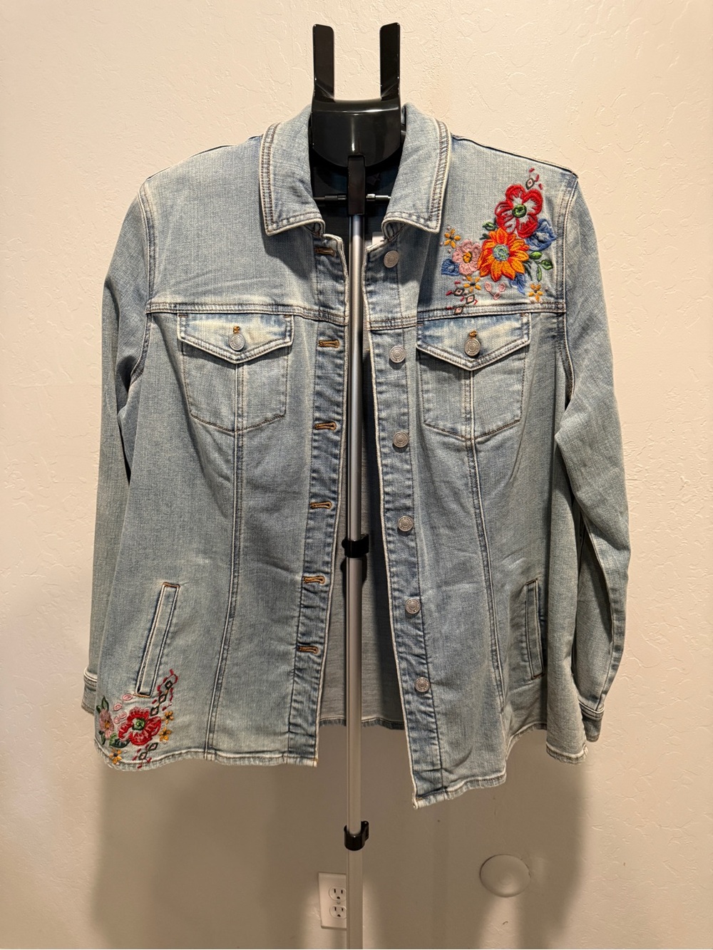 Chico's Light Blue Denim Jacket with Multicolor Floral Embroidery